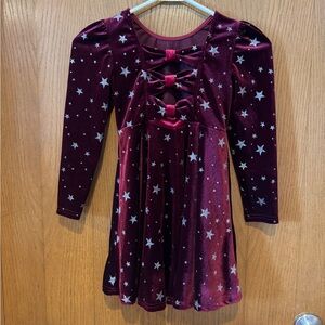 SHEIN Girls Burgundy Velvet Celestial Star Dress Bow Back - Size 6Y